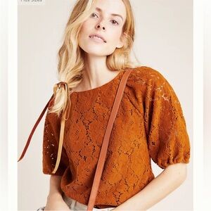Anthropologie Dolan Women's Lace Blouse Size XS Orange Brown Puff Sleeve